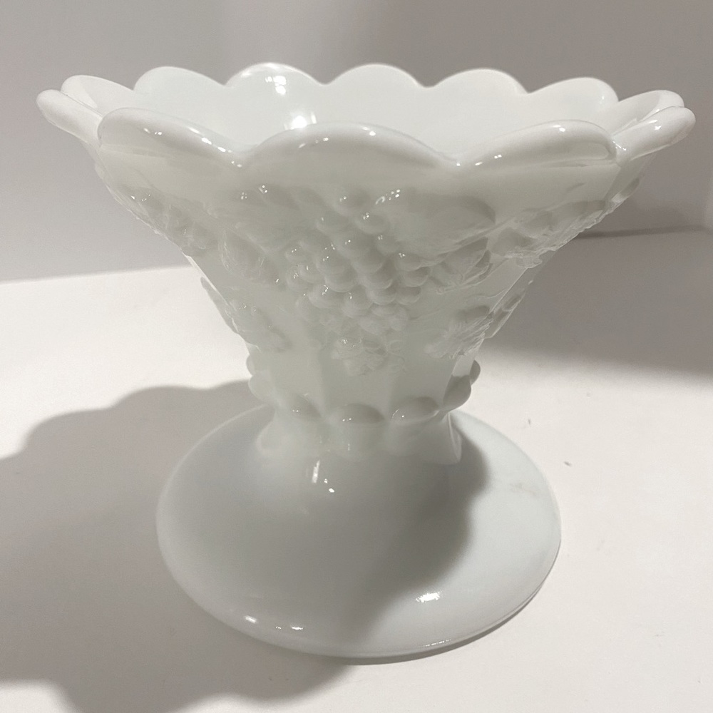 Vintage Westmoreland Milk Glass Candy Dish Compote Grapes Scalloped Edge Footed